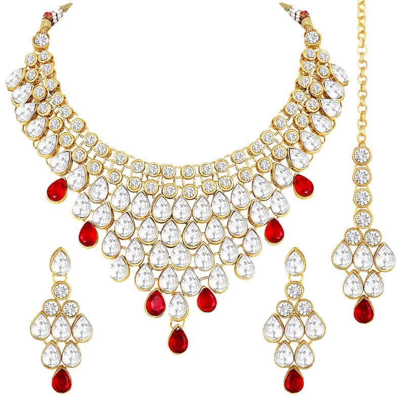 Aheli Exquisite Wedding Party Wear Faux Stone Studded Necklace with Maang Tikka Indian Ethnic Traditional Bharatanatyam jewellery set Gift for Women - Image 1